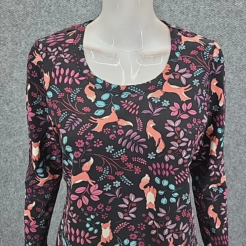 Womens Long Sleeves Allover Graphic Printed Top Petite Small Size Tee Shirt